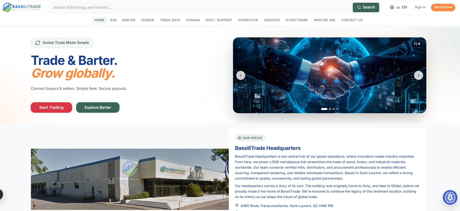 The BassiliTrade home page, a B2B trade and barter marketplace